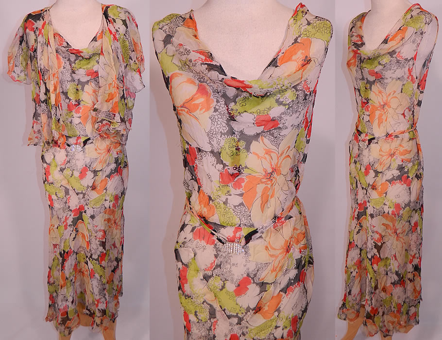 Vintage  Neon Flower Print Silk Chiffon Rhinestone Belted Bias Cut Dress &  Jacket. This vintage neon flower print silk chiffon rhinestone belted bias cut dress and jacket dates from the 1930s. It is made of a sheer silk chiffon fabric, with a black & white, neon orange, lime green colorful flower print. 