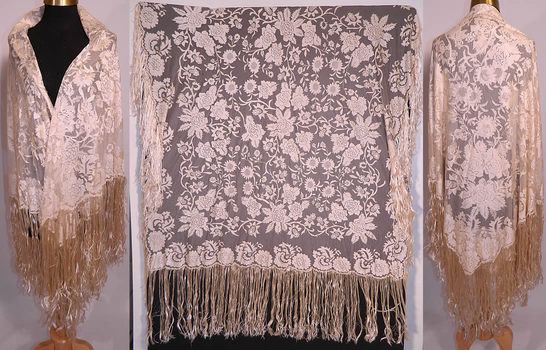 Antique Blonde Silk Net Floral Embroidery Lace Fringe Mantilla Spanish Shawl. This antique blonde silk net floral embroidery lace fringe mantilla Spanish shawl dates from the the 1920s. It is made of a off white ecru cream color blonde fine sheer silk net, with a woven embroidered floral vine leaf lace pattern. This lovely lace has a lavishly lush floral design throughout, a scalloped border edging and hand knotted cream silk fringe surrounding it.