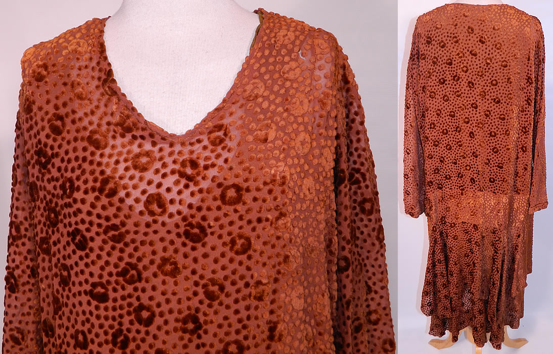 Art Deco Vintage Brown Silk Polka Dot Burnout Voided Velvet  Drop Waist  Dress. This fabulous flapper style loose fitting drop waist dress has long sleeves, with a V neckline, layered tiered skirt and is fully lined with a brown silk slip lining. The dress measures 46 inches long, with 38 inch hips, a 36 inch waist, 42 inch bust and 22 inch long sleeves.