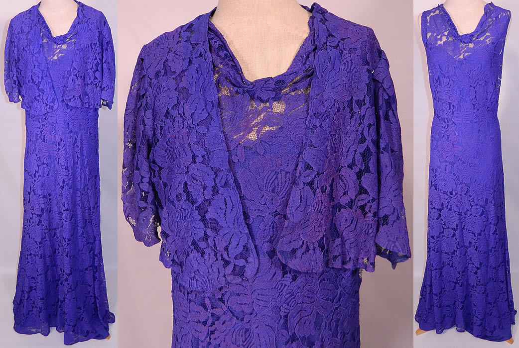 Vintage Sheer Purple Lace Floral Pattern Bias Cut Dress Slip Jacket Outfit. This vintage sheer purple lace floral pattern bias cut dress, slip, jacket 3 piece outfit dates from the 1930s. It is made of a purple violet color sheer cotton net lace fabric, with a floral roses pattern design. This beautiful bias cut dress long floor length evening gown is sleeveless, with a draping front neckline, key hole opening back, side snap closures and is sheer, unlined. 