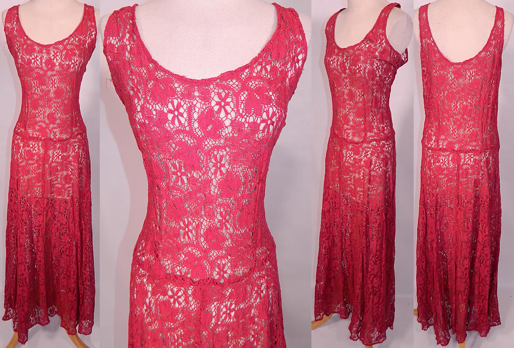 Vintage Sheer Crimson Red Lace Floral Pattern  Net Sundress Gown. This vintage sheer crimson red lace floral pattern net sundress gown dates from the 1940s. It is made of a crimson red color sheer cotton net lace fabric, with a floral starburst leaf pattern design. This sensational summer sundress long floor length gown is sleeveless, with low scoop rounded necklines, a drop waist, full skirt and is sheer, unlined. The dress measures 55 inches long, with 40 inch hips, a 30 inch waist and 36 inch bust.