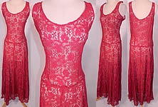 Vintage Sheer Crimson Red Lace Floral Pattern  Net Sundress Gown