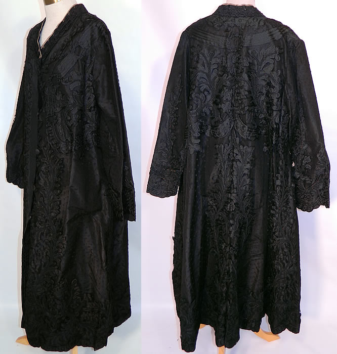 Edwardian Titanic Black Silk Soutache Applique Lace Long Coat Jacket. This elegant exquisite evening coat is loose fitting, a long floor length, with long full sleeves, black silk button closure down the front and is fully lined.