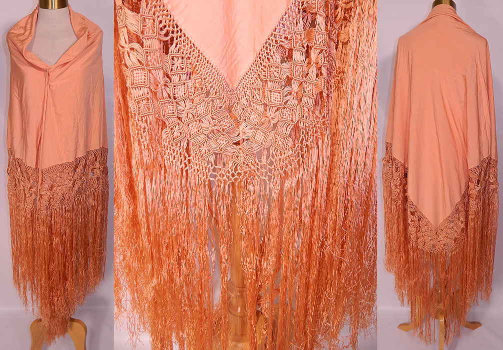 Antique Art Deco Pastel Peach Silk Macrame Fringe Flapper Piano Shawl. This vintage antique Art Deco peach pastel silk macrame fringe flapper piano shawl dates from the 1920s. It is made of a pastel peach color silk fabric, with matching peach decorative woven braided hand knotted macrame silk fringe trim edging which measures 25 inches long surrounding the entire shawl. 
