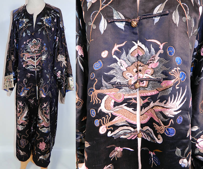 Antique Chinese Dragon Silk Embroidered Opera Robe Coat. This antique Chinese dragon silk embroidered sleeve band cuffs opera robe coat dates from late 19th century during the Qing Dynasty. It is hand stitched, made of a black silk fabric. There is colorful raised padded satin stitch hand embroidery work and gold metallic couching work.