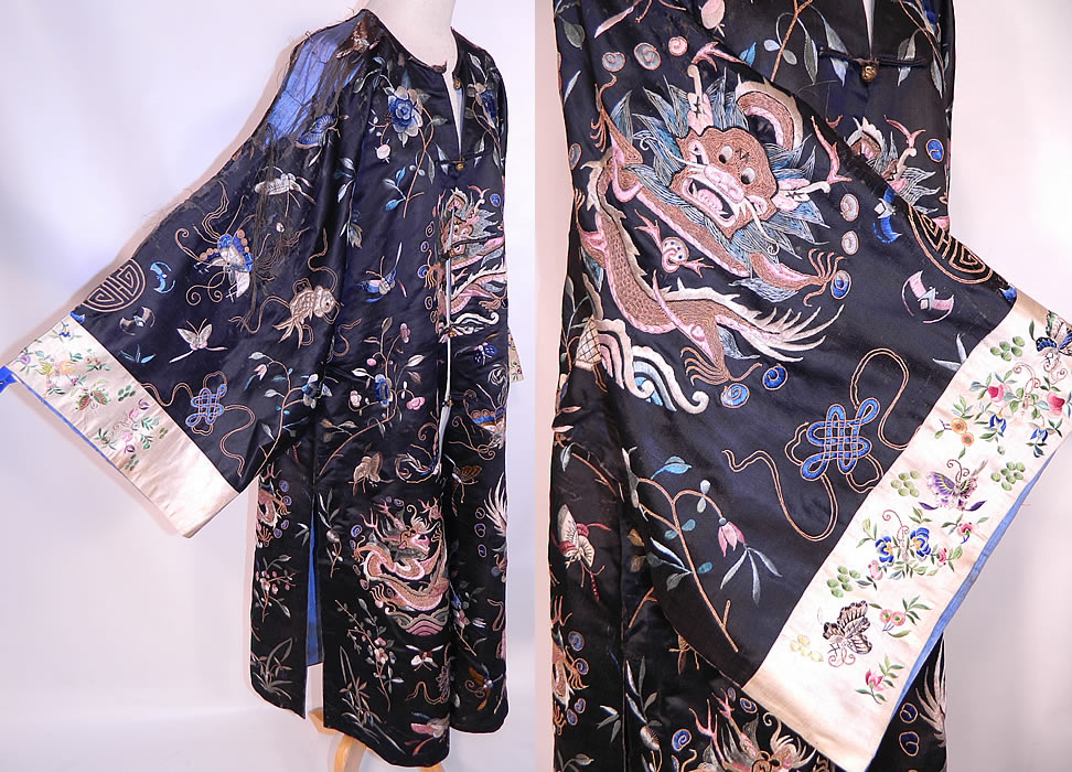 Antique Chinese Dragon Silk Embroidered Opera Robe Coat. There are gold dragons with 5 open claws, large round eyes and the Eight Buddhist symbols of good fortune, fish, endless knot, peony, lotus flowers, peaches, bats, butterflies and Ji Chinese character for luck.