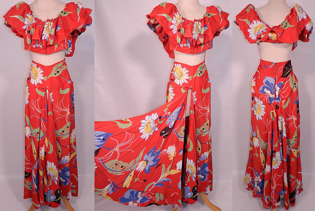 Vintage Charles Christie & Co Theatrical Costume Show Girl Carmen Miranda Dress.  This vintage Charles Christie & Co. theatrical costume show girl Carmen Miranda style dress dates from the late 1930s. It is made of a red rayon fabric, with a vibrant colorful tropical floral print design. 