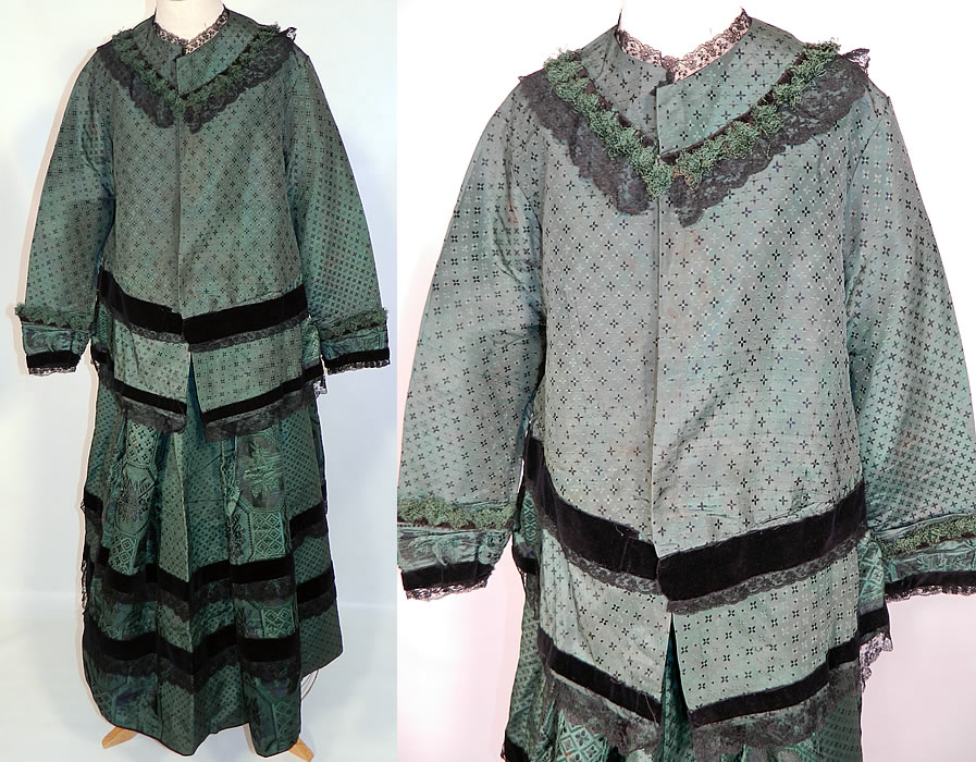 Victorian Civil War Era Green Silk Brocade Black Chantilly Lace  Maternity Dress. This antique Victorian Civil War era green silk brocade black chantilly lace maternity dress dates from the 1860s. It is made of an iridescent forest green silk moire damask weave fabric, with a beautiful brocade pattern with rose medallions.