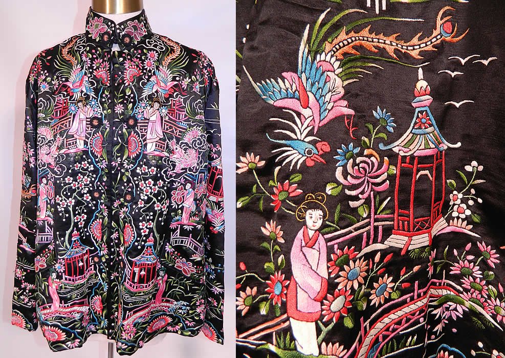 Vintage Chinese Dragon & Phoenix Peking Knot Silk Embroidered Figural Jacket. This vintage antique Chinese dragon and phoenix Peking knot silk embroidered figural jacket dates from the 1940s. It is made of a black silk fabric background, with colorful raised padded satin stitch hand embroidery and Peking knot work. 