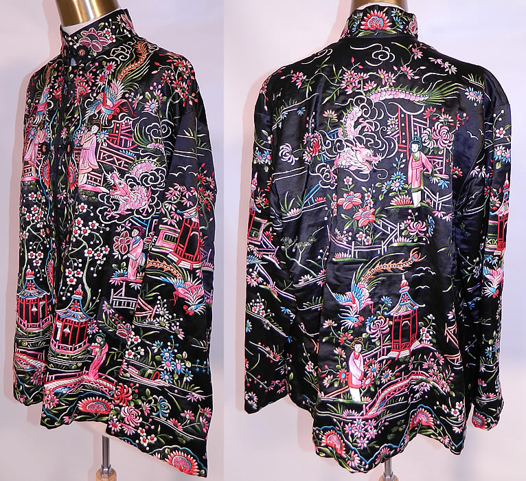 Vintage Chinese Dragon & Phoenix Peking Knot Silk Embroidered Figural Jacket. The coat measures 26 inches long, with a 44 inch waist, 44 inch bust, 16 inch back and 21 inch long sleeves. It is in excellent condition. This is truly an extraordinary and wonderful piece of wearable Chinese embroidery textile art! 