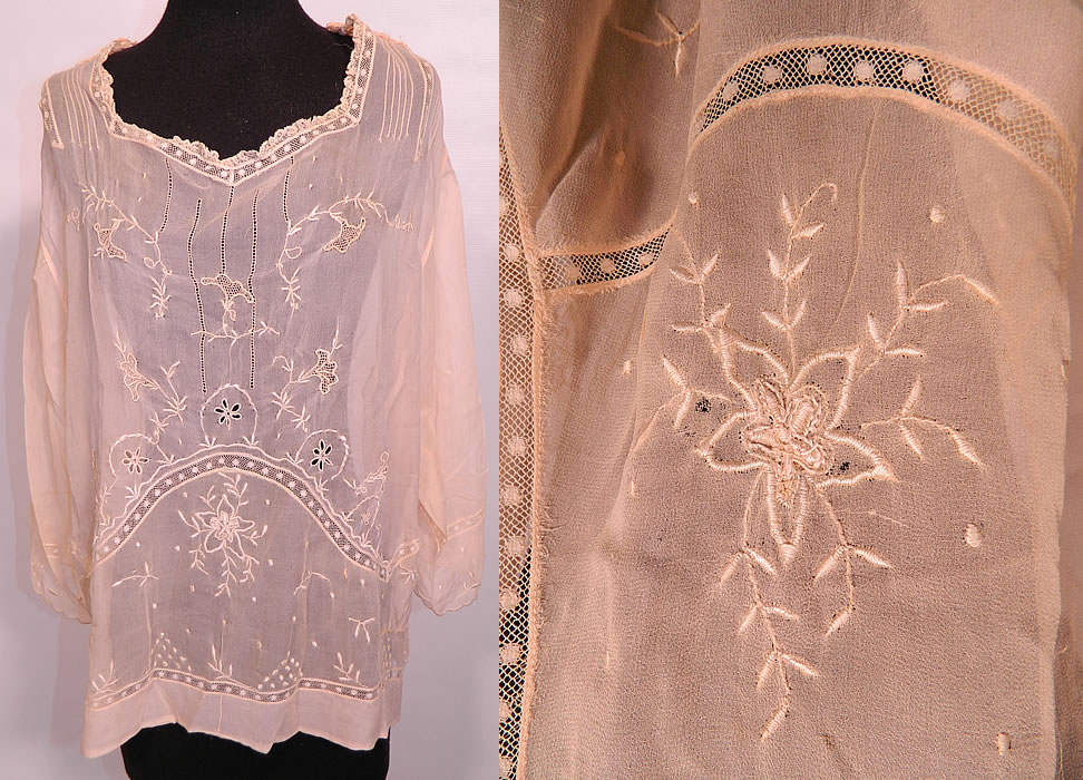 Vintage Peach Pastel Silk Chiffon Embroidered Drawn Work Lace Middy Blouse. This vintage peach pastel silk chiffon embroidered drawn work lace middy blouse dates from the 1920s. It is made of a peach pastel color sheer silk chiffon fabric, with lace trim inserts, drawn cut work, eyelet embroidery work, with a floral vine leaf design. 