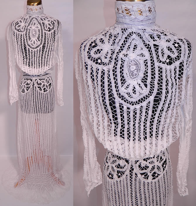 Victorian Antique White Battenburg Tape Lace Wedding Gown Bridal Dress. 