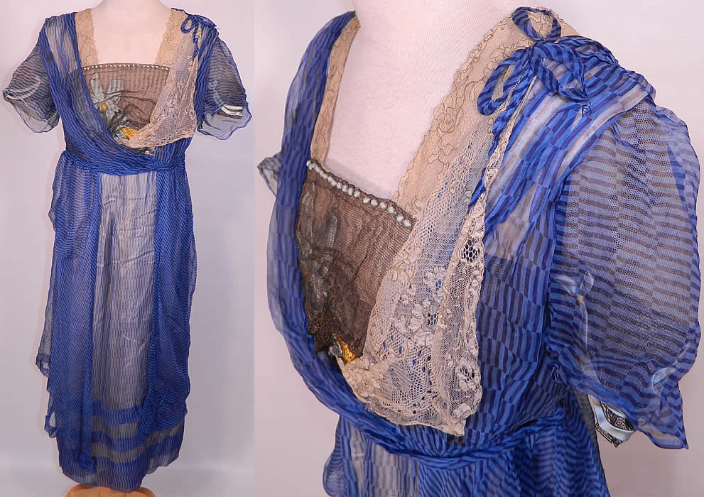 Edwardian Titanic Blue Black Stripe Silk Chiffon Gold Lace  Gown Hosac Chicago Paris Label. This Edwardian Titanic era blue black stripe silk chiffon gold lace gown Hosac Chicago Paris label dates from 1911. It is made of a blue and black stripe sheer silk chiffon fabric, with a gold metallic mesh net front top panel covering blue silk flowers underneath and ecru gold lace trim accents.