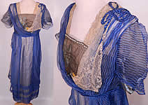 Edwardian Titanic Blue Black Stripe Silk Chiffon Gold Lace  Gown Hosac Chicago Paris Label. 