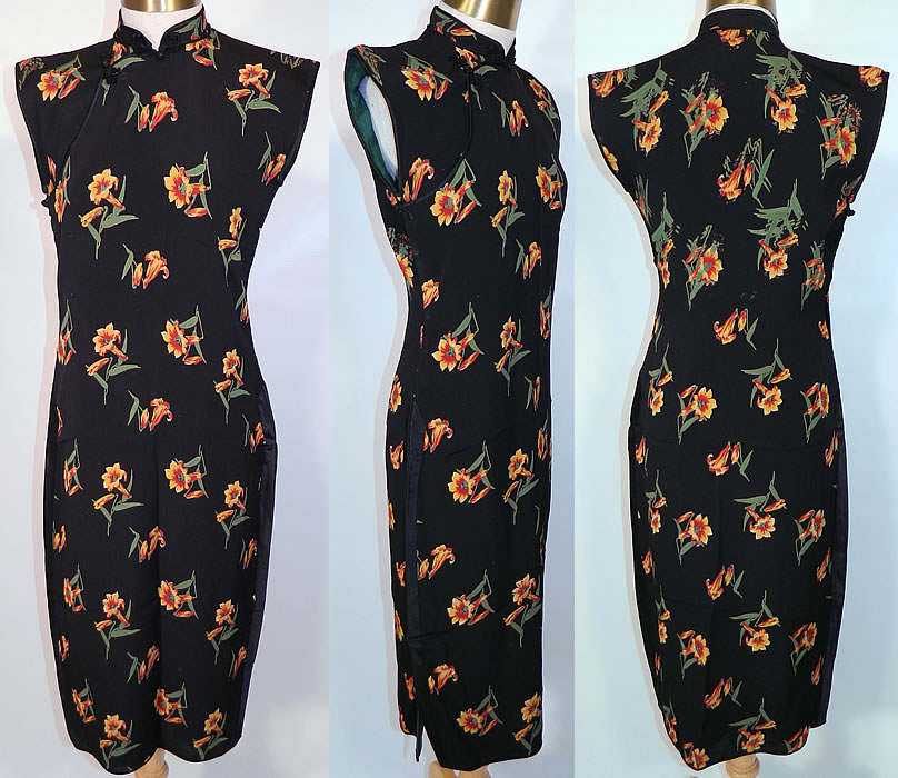Vintage Chinese Cheongsam Orange Tiger Lily Flower Print Silk Crepe Qipao Dress. This vintage Chinese cheongsam orange tiger lily flower print silk crepe Qipao dress dates from the 1930s. It is made of a black silk crepe fabric with a colorful orange and yellow tiger lily flower print. This gorgeous cheongsam Chinese dress is a long mid length, with a black satin trim side slit skirt, front side silk knotted button toggle and side snap closures, a mandarin style collar, short cap sleeves and is fully lined in a green silk fabric.