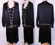 Vintage Flapper Black Silk Gold Violet Floral Embroidered Trim Drop Waist Dress