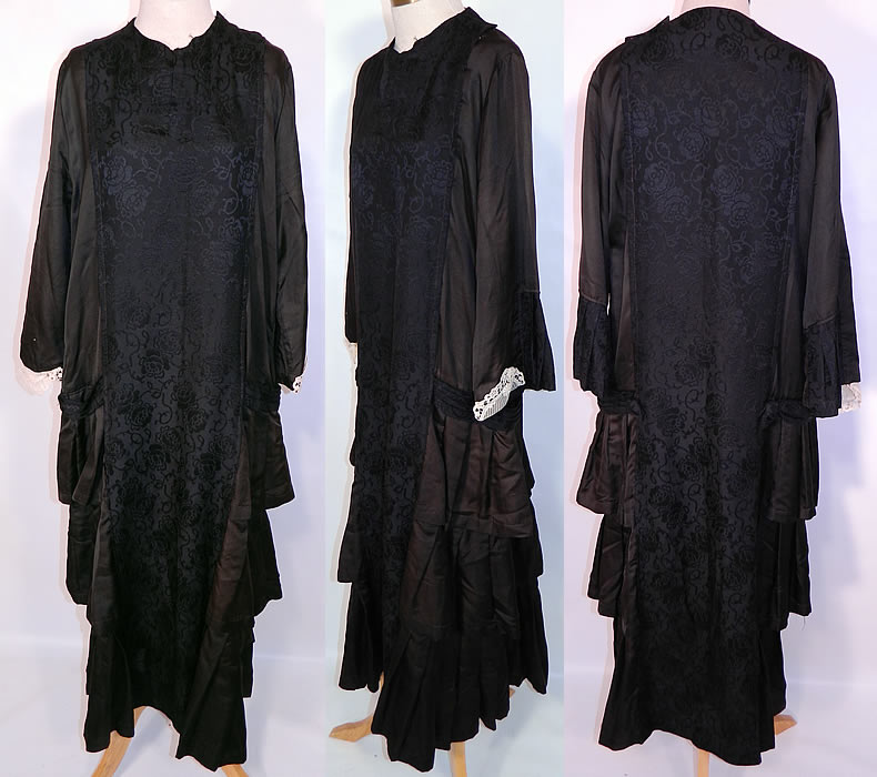 Vintage Gatsby Black Silk Floral Roses Brocade Damask Drop Waist Dress. This vintage black silk floral roses brocade damask drop waist dress dates from the 1920s. It is made of a plain black silk satin and black silk floral rose pattern brocade damask weave fabric.