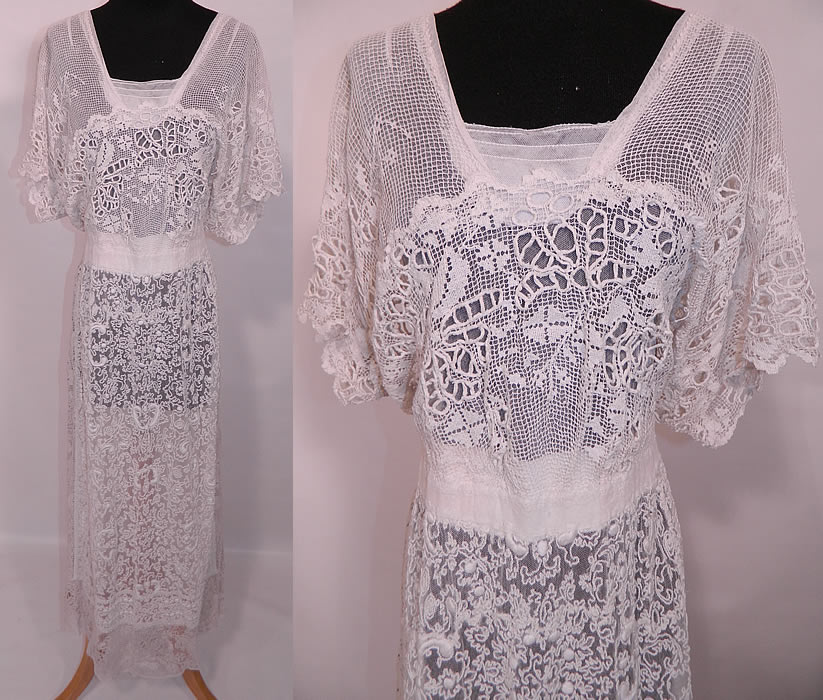 Edwardian White  Net Embroidered Soutache Crochet Filet Lace Dress. This exquisite antique Edwardian Titanic era white net embroidered soutache crochet filet lace dress dates from 1912. It is made of a white sheer net fabric, with raised white soutache stitched, padded satin stitch embroidery work done in a decorative spiral floral leaf scrolling design pattern. 