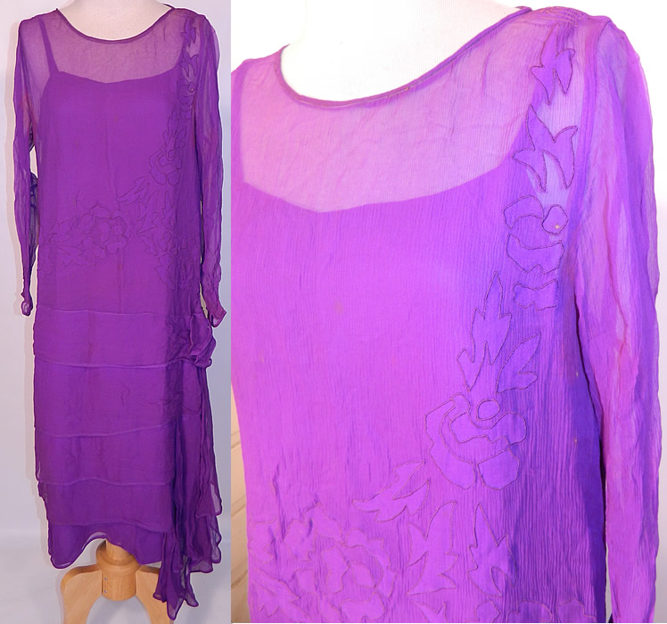 Vintage Violet Purple Silk Chiffon Floral Applique Flapper Dress & Slip. This vintage antique Art Deco violet purple silk chiffon floral applique flapper dress dates from the 1920s. It is made of a violet purple color sheer silk chiffon fabric, with matching color floral applique cut work stitched designs on the top.