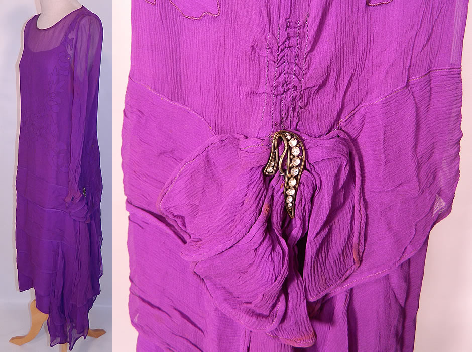 Vintage Violet Purple Silk Chiffon Floral Applique Flapper Dress & Slip. This fabulous flapper  dress is loose fitting, with a drop waist, layered tiered side drape skirt, with rhinestone trim, long sleeves and is fully lined with a matching purple silk slip lining which could be worn separately as it is not attached.