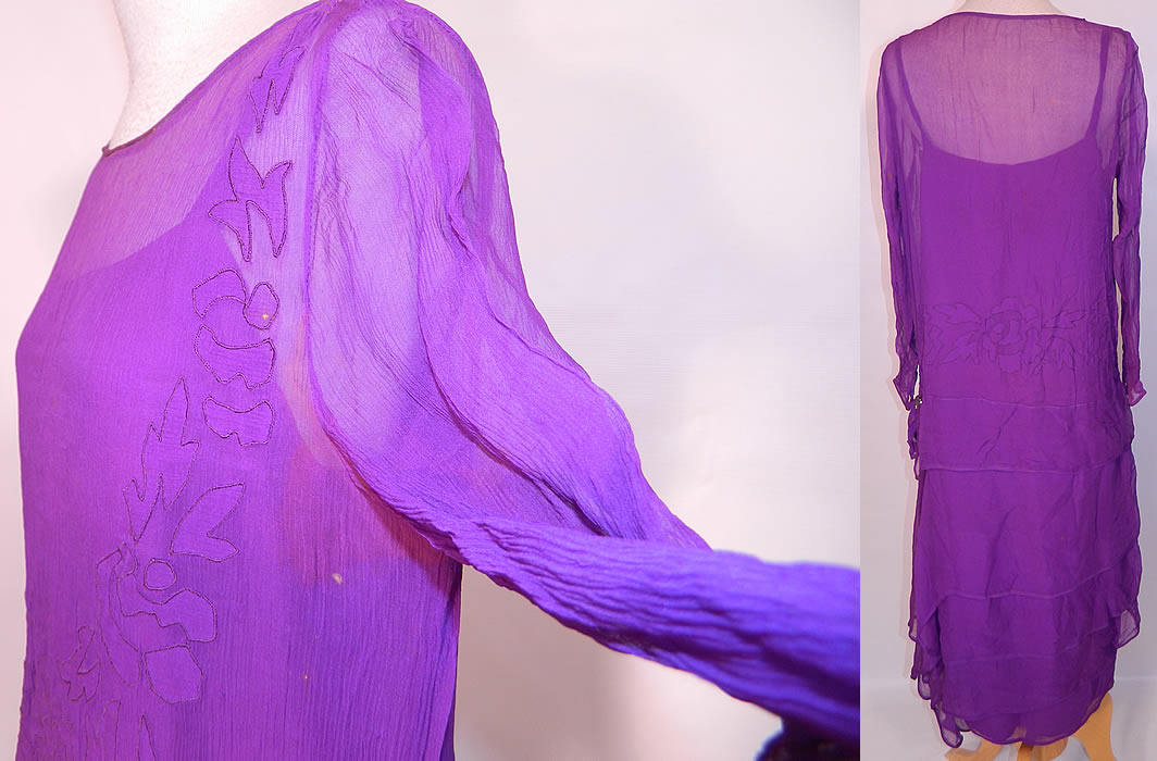 Vintage Violet Purple Silk Chiffon Floral Applique Flapper Dress & Slip. It is in good as-is condition, with  discoloration staining under the arms and some small faint age spots (see close-ups). This is a wonderful piece of wearable Art Deco textile art and would be great for study, pattern or design!