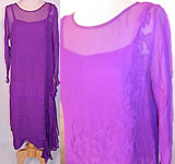 Vintage Violet Purple Silk Chiffon Floral Applique Flapper Dress & Slip