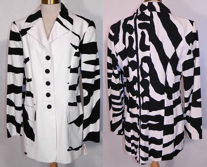 Vintage Cheap & Chic Moschino Black & White Zebra Print Suit Jacket Skirt. This vintage Cheap and Chic by Moschino black & white zebra print suit jacket and skirt dates from the 1988. It is made of a black and white cotton fabric with a striped zebra animal print pattern design.