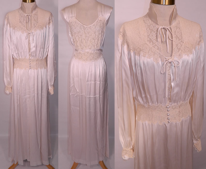 Vintage White Satin Lace Negligee Nightgown & Robe Peignoir Trousseau Set. This vintage white satin lace negligee nightgown and robe peignoir trousseau set dates from the 1940s. It is made of a luxurious white silk satin fabric, with and off white cream color lace trim.