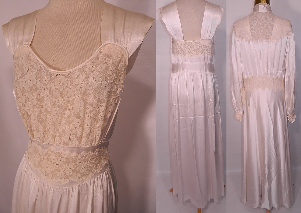 Vintage White Satin Lace Negligee Nightgown & Robe Peignoir Trousseau Set. This lovely lingerie negligee peignoir wedding trousseau set includes a long floor length nightgown, backless with wide shoulder straps, a fitted waist, lace trim top and side zipper closure. The nightgown measures 56 inches long, with a 26 inch waist and 34 inch bust. 