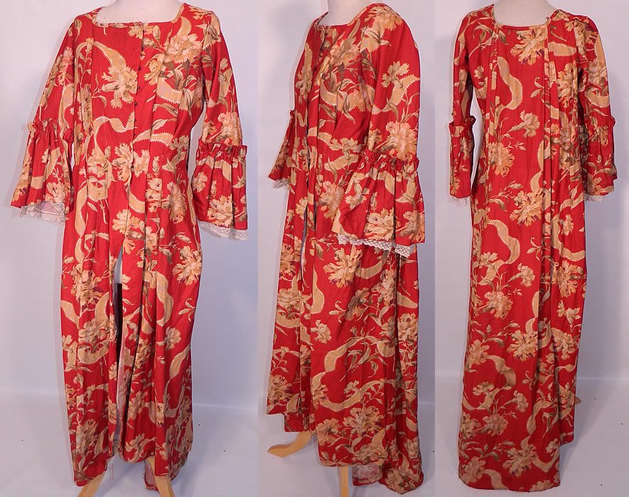 Victorian Red & Gold Carnation Flower Watteau Train Dressing Gown Robe Dress. This antique Victorian era red and gold carnation flower watteau train dressing gown robe dress dates from 1890. It is made of red heavy cotton pique ribbed textured fabric, with a gold ribbon carnation flower print pattern design.