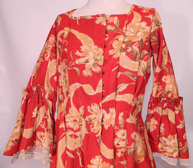 Victorian Red & Gold Carnation Flower Watteau Train Dressing Gown Robe Dress. This beautiful dressing sack back gown robe style tea dress has a box pleated back watteau train falling from the shoulders, long full sleeves with flared ruffle white lace cuffs, an open front skirt and hook closures down the front lined top.