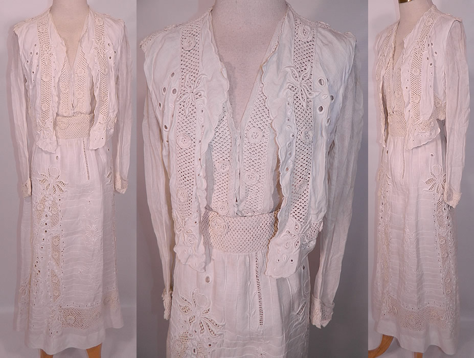 Edwardian White Linen Eyelet Embroidered Irish Crochet Lace  Dress Blouse & Skirt. This exquisite antique Edwardian era white linen eyelet embroidered Irish crochet lace dress blouse and skirt outfit dates from 1915. It is made of a fine white linen fabric, with raised padded satin stitch embroidery work, eyelet drawn cut work and Irish crochet lace trim done in a floral leaf design pattern.