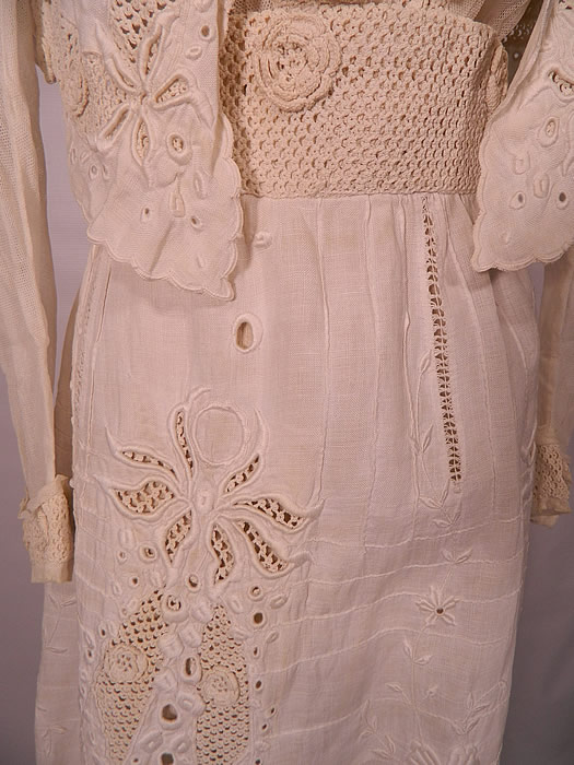 Edwardian White Linen Eyelet Embroidered Irish Crochet Lace  Dress Blouse & Skirt. The top measures 15 inches long, with a 26 inch waist, 34 inch bust, 13 inch back and 21 inch long sleeves.