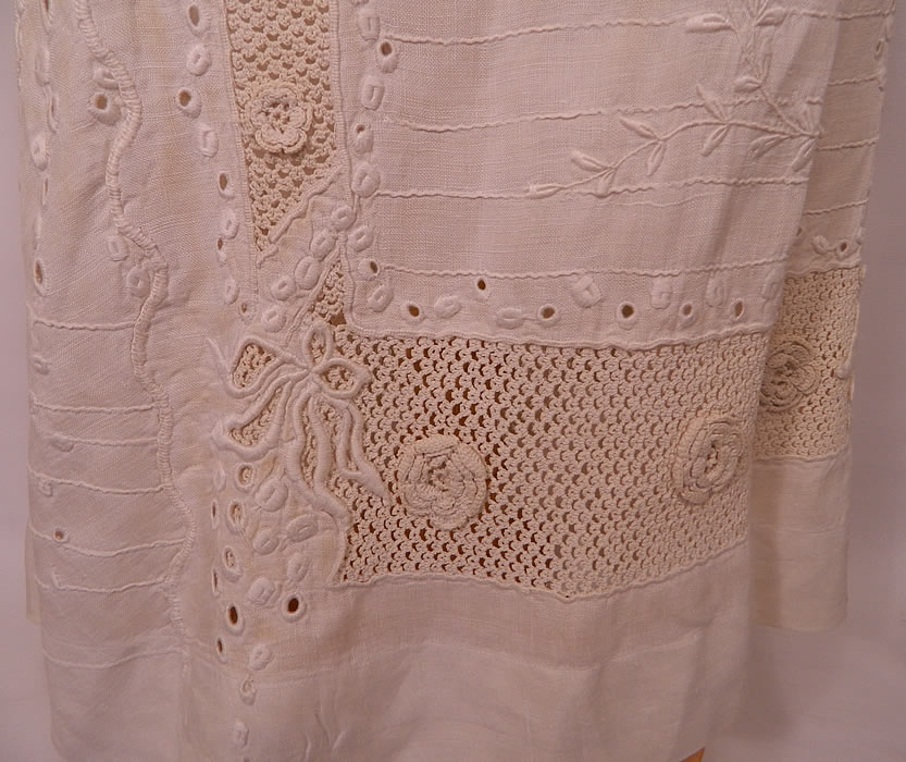 Edwardian White Linen Eyelet Embroidered Irish Crochet Lace  Dress Blouse & Skirt. There is a matching embroidered lace trim linen fabric long floor length full skirt, with a wide crochet lace waistband trim and snap, hook closures on the back. The skirt measures 35 inches long, with 40 inch hips and a 24 inch waist. 
