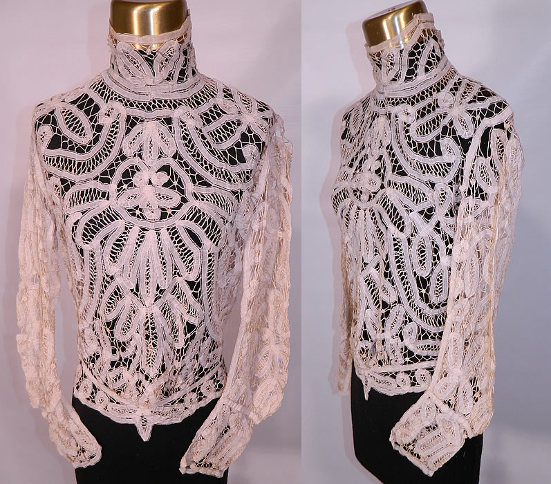 Victorian Antique  Cream Battenburg Tape Lace High Neck Collar Blouse Top. This antique Victorian era cream battenburg tape lace high neck collar blouse top dates from 1900. It is made of an off white cream color sheer filmy linen stitch, fine tape lace, with button hole stitching, connecting brides and bars done in a floral leaf scroll work decorative design.