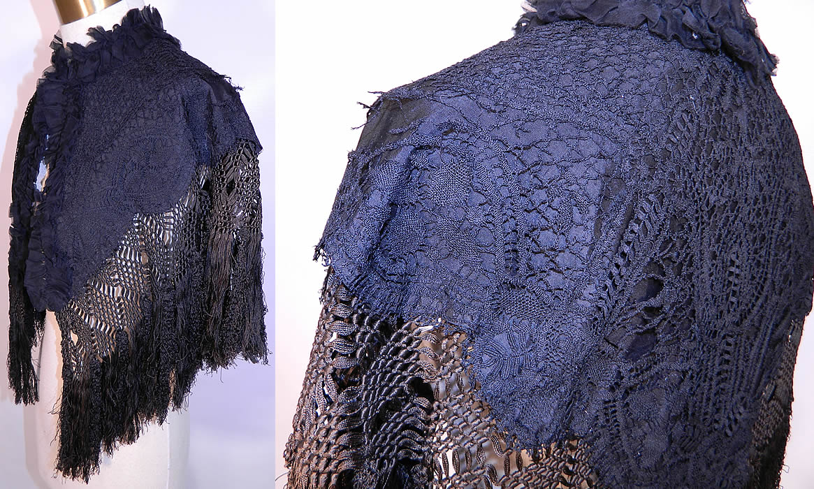 Victorian Black Silk Lace Fringed Mourning Cropped Cloak Cape Capelet. This stunning short cropped cloak cape capelet has a black silk chiffon ruched gathered neck ruffle trim edging and hook closure at the neck. The cape measures 15 inches long and 36 inches wide. 