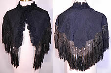 Victorian Black Silk Lace Fringed Mourning Cropped Cloak Cape Capelet