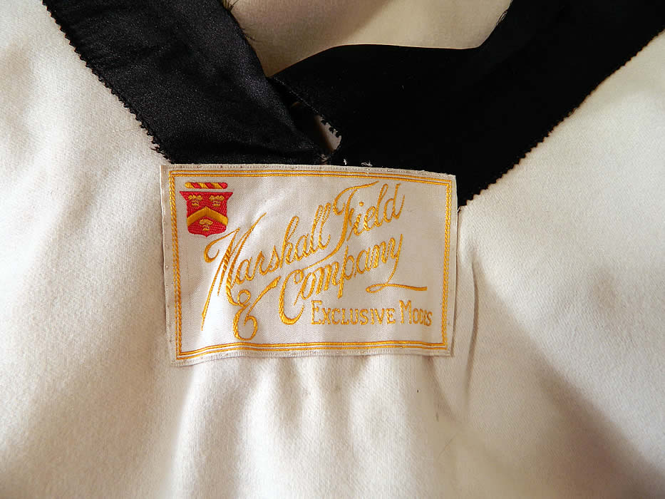 Edwardian Titanic White Wool Black Silk Tassel Trim Dolman Sleeve Coat Jacket. It is unlined and has a "Marshall Field & Company Exclusives Modes" store label sewn inside. 