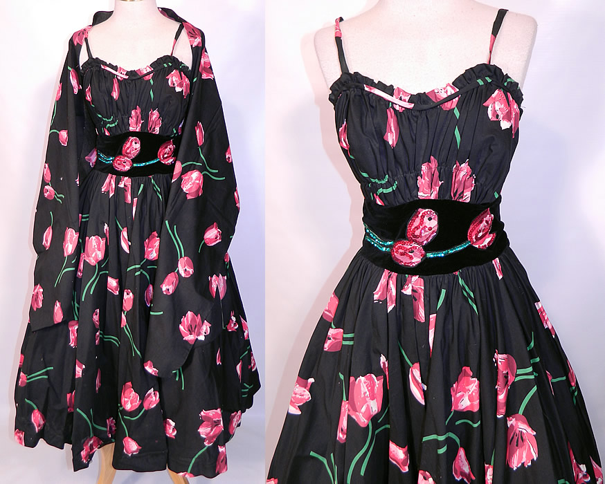 Vintage Black Pink Tulip Cotton Print Sequin  Circle Skirt  Dress & Stole Shawl. This vintage black pink tulip cotton print sequin circle skirt dress and stole shawl dates from the 1950s. It is made of a black cotton fabric background, with a pink floral tulip print design and a black velvet applique sequin beaded trim waistband.
