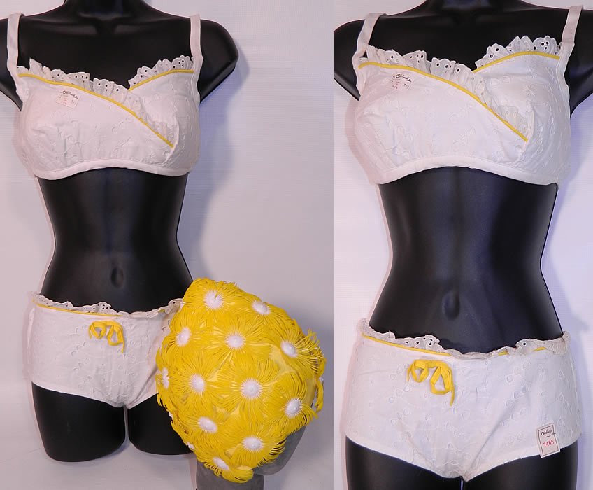 Vintage White Eyelet Cotton  Bikini Swimsuit & Playtex Yellow Flower Swimcap. This vintage white eyelet cotton bikini swimsuit and Playtex yellow flower swimcap dates from the 1960s. The swimsuit is made of white eyelet cut work cotton fabric, with yellow trim edging and a bow accent on the front.