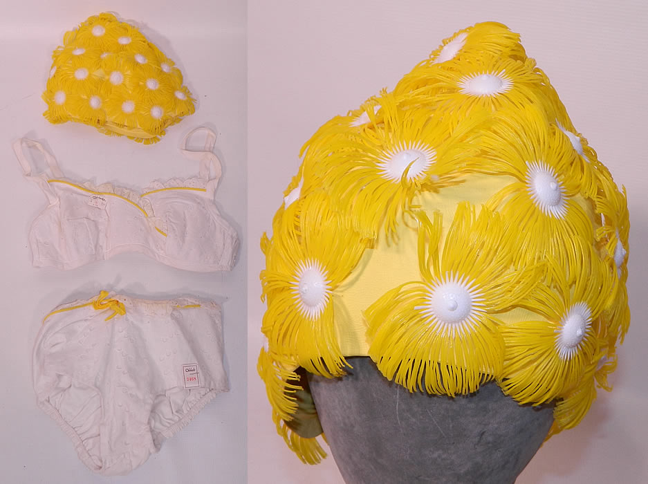 Vintage White Eyelet Cotton  Bikini Swimsuit & Playtex Yellow Flower Swimcap. This sexy retro pinup bathing beauty outfit includes a two piece swimsuit with bikini briefs, elastic waistband, bikini bra top, with shoulder straps, elastic band back with hook closure and both are fully lined. 