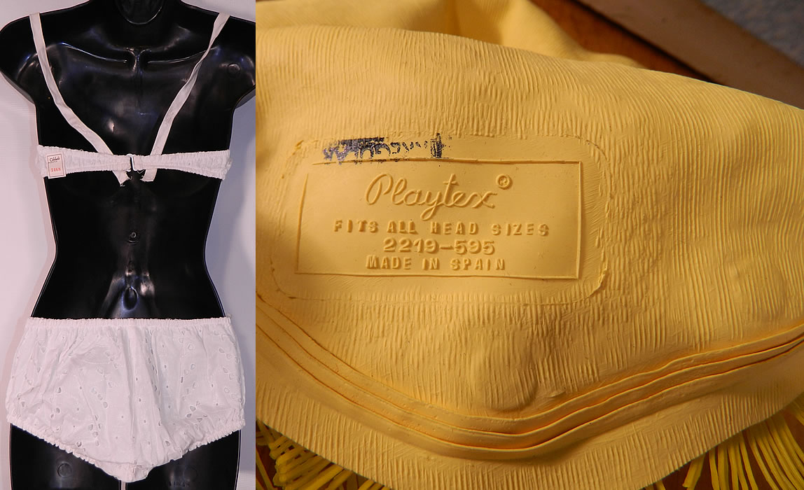 Vintage White Eyelet Cotton  Bikini Swimsuit & Playtex Yellow Flower Swimcap.  Included is a bright yellow rubber swimcap covered with yellow and white eyelash plastic flowers. There is a "Playtex Fits All Head Sizes Made in Spain" stamp inside. The three piece ensemble is in excellent condition and has never been worn. This is truly a wonderful piece of wearable art swimwear!