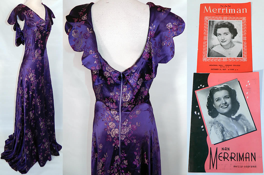 Nan Merriman Opera Singer Vintage Purple Silk  Brocade Lam&eacute; Roses Evening Gown. This gorgeous gown has a long floor length slight back train skirt, scalloped collar neckline, sleeveless, backless and back zipper closure. The dress measures 64 inches long, with 42 inch hips, a 30 inch waist and 40 inch bust. (see provenance with play bill info below which is not included with gown).