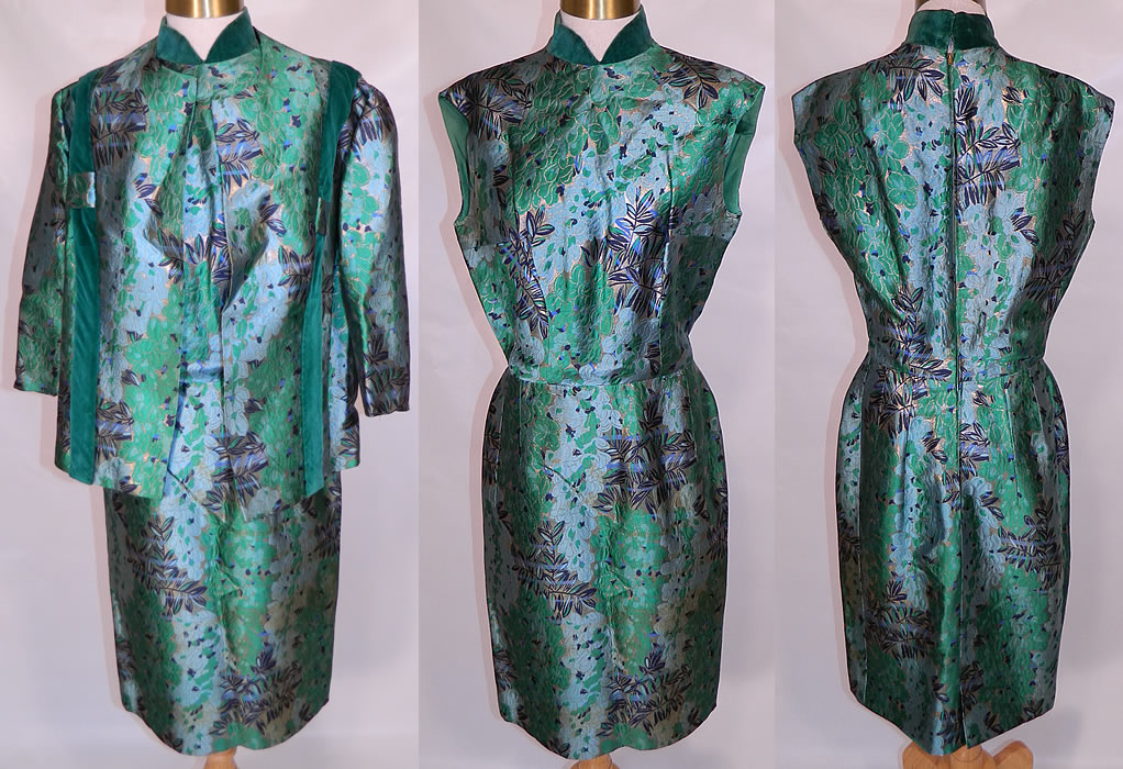 Vintage Costura Ninfa Madrid Emerald Green Lam&eacute; Brocade Dress &  Jacket. This vintage Costura Ninfa Madrid emerald green lam&eacute; brocade dress and coat jacket dates from the 1960s. It is made of a emerald green, blue and gold metallic lam&eacute; silk brocade fabric with a floral leaf pattern design and green velvet trim edging.