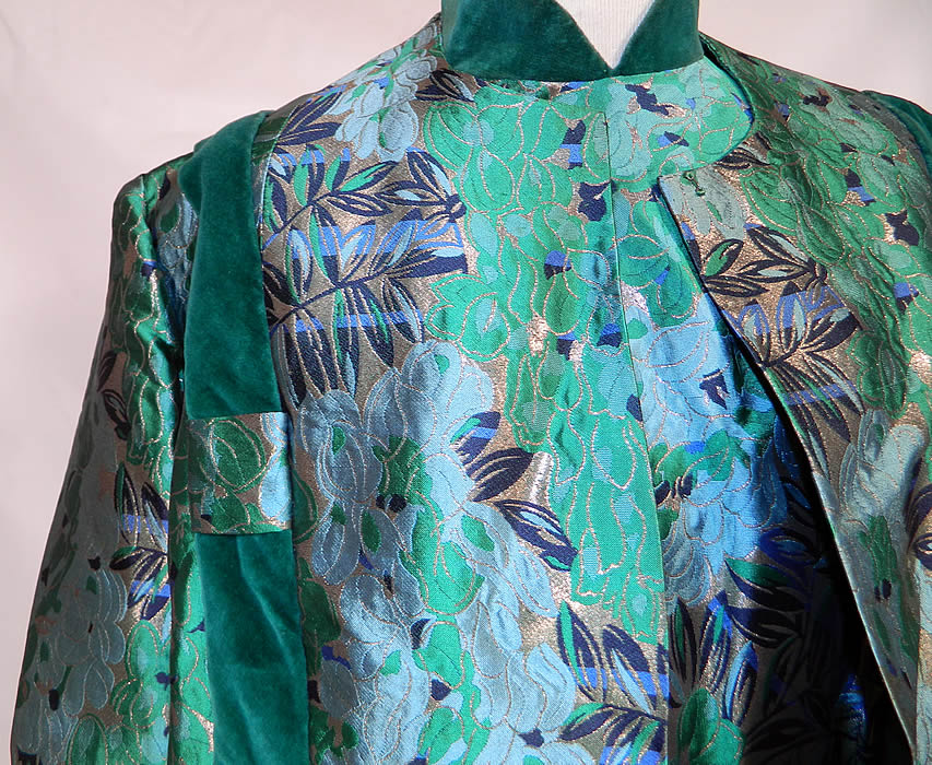 Vintage Costura Ninfa Madrid Emerald Green Lam&eacute; Brocade Dress &  Jacket. This beautiful brocade two piece outfit has a mid length loose fitting boxy swing style coat jacket, with 3/4 length sleeves, a hook closure at the neck and is fully lined. There is a "Costura Ninfa Madrid IV" custom made designer label sewn inside. 