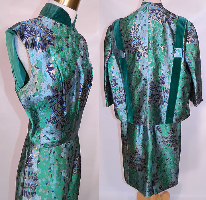 Vintage Costura Ninfa Madrid Emerald Green Lam&eacute; Brocade Dress &  Jacket. The dress measures 42 inches long, with 36 inch hips, a 26 inch waist and 36 inch bust. It is in good condition, with only some discoloration on the inside coat lining and under one arm of the dress (see close-up). This is truly a wonderful piece of quality made wearable art!  