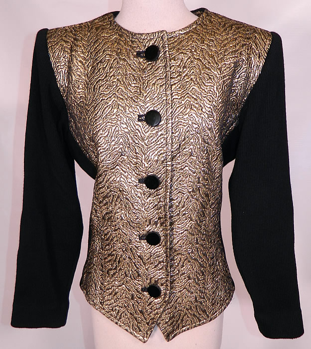 Vintage Saint Laurent Rive Gauche Gold Lam&eacute; Black Knit Suit Jacket.  This vintage YSL Saint Laurent Rive Gauche gold lam&eacute; black knit suit jacket dates from the 1980s. It is made of a gold metallic lam&eacute; textured brocade fabric front and a black jersey knit ribbed textured stretch fabric back and sleeves. 