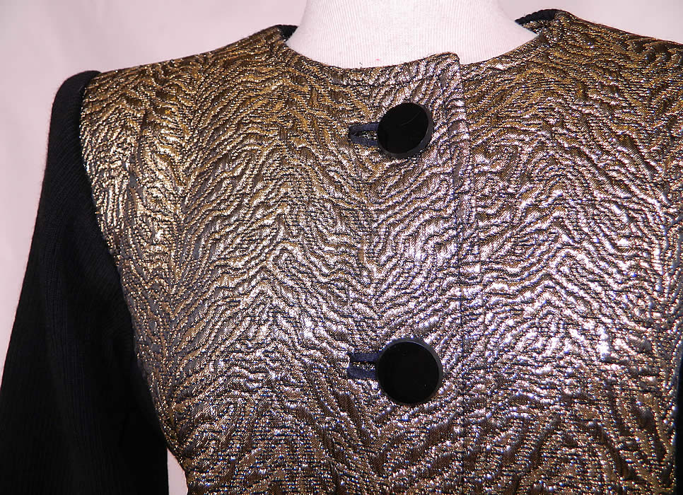 Vintage Saint Laurent Rive Gauche Gold Lam&eacute; Black Knit Suit Jacket.  This beautiful designer suit jacket has broad shoulder padding, long fitted sleeves, black jet buttons for closure down the front and is fully lined. 