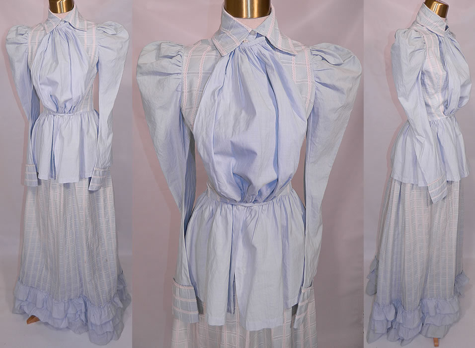 Victorian Blue & White Windowpane Cotton Peplum Blouse Bustle Skirt Dress. This antique Victorian era blue and white windowpane cotton peplum blouse bustle skirt dress dates from the 1880s. It is made of a pastel baby blue cotton fabric, with white lace trim done in a checkered windowpane pattern design.