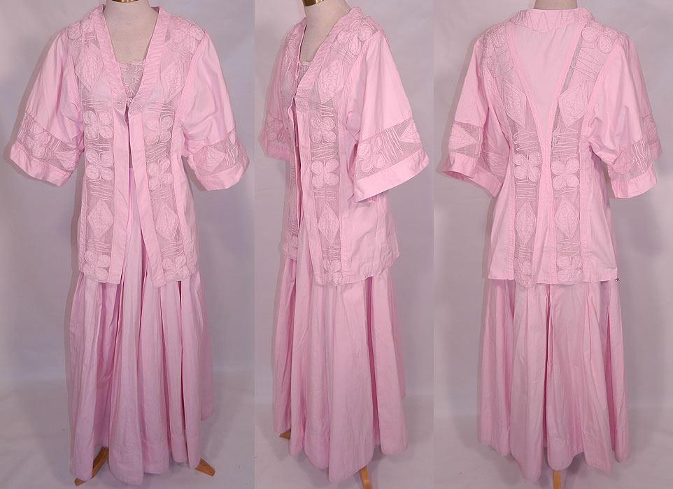Edwardian Pink Cotton  French Knot Soutache Walking Suit Jacket Top Skirt. This exquisite antique Edwardian era pink cotton french knot soutache walking suit jacket, top and skirt dates from 1915. It is made of a pastel pink cotton fabric, with french knot embroidery work, soutache work and net applique trim inserts done in a geometric diamond design and abstract butterfly four leaf clover pattern.